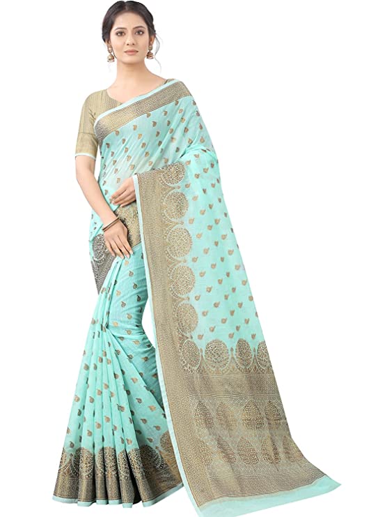 Leeza Store Women's Banarasi Cotton Silk Zari Butta/Butti Golden Zari Border Saree With Blouse Piece